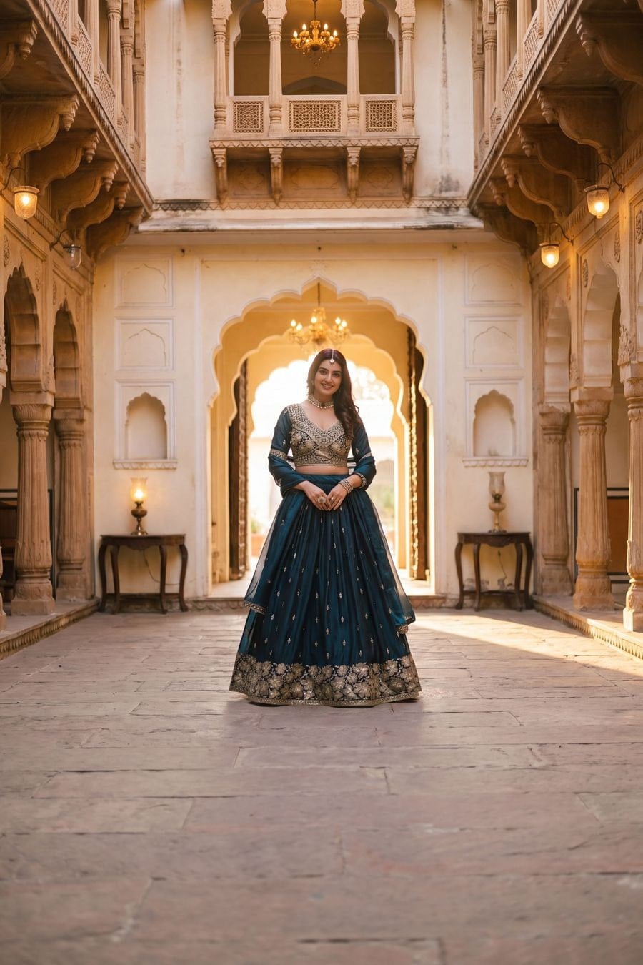 Model in a teal silk lehenga choli with gold zari embroidery, in a palace courtyard at golden hour
