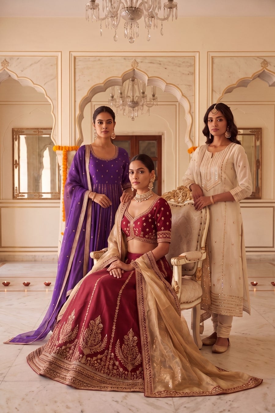 Three women in a palace hall: a maroon zardozi lehenga, a purple anarkali gown and an ivory kurta set, diyas along the wall